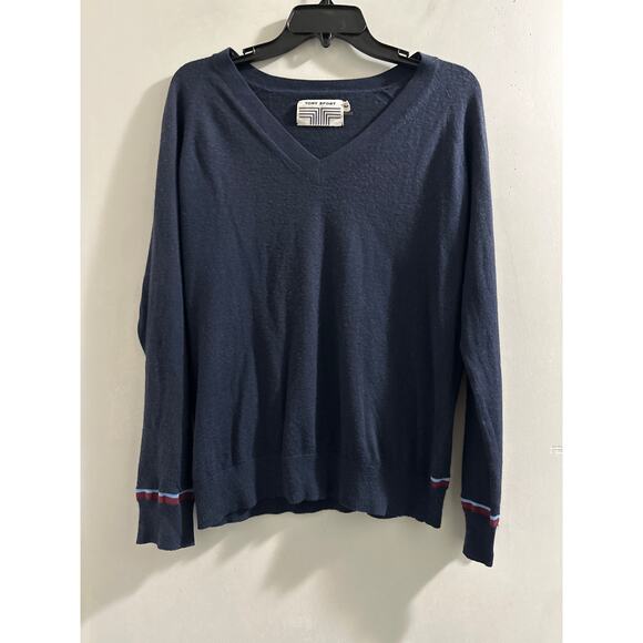 Tory Burch Sport Navy Blue‎ V-Neck Pullover Cashmere Blend Sweater Womens Small - Picture 1 of 9